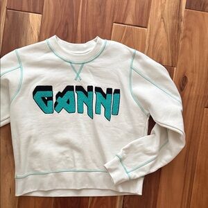 Ganni White and Teal Graphic Sweater